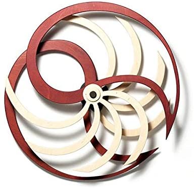 The WoodChart Nautilida Kinetic Wall Sculpture in natural and red features interlocking curved shapes forming a swirling Fibonacci-inspired spiral pattern with a circular center—an elegant decorative wall art piece.