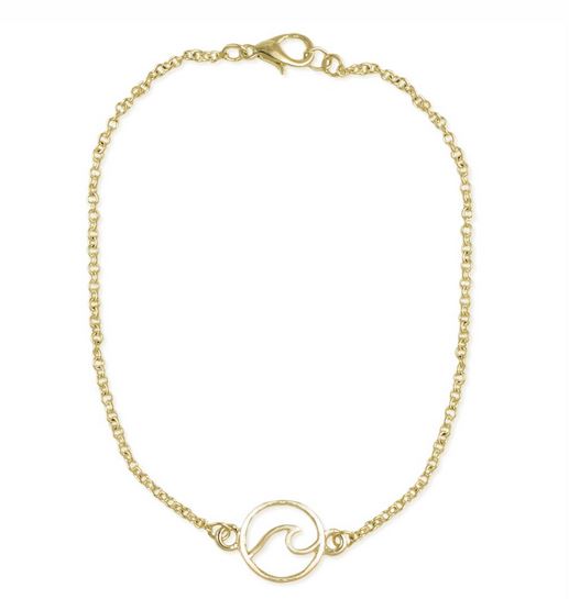 ZAD Jewelry's Catch a Wave Anklet Gold features a delicate gold-plated fine link chain with a small circular wave charm, shown on a white background.