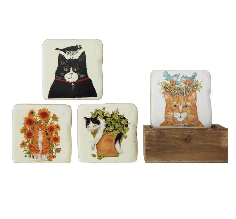 Coasters w/ Cat in Wood Box