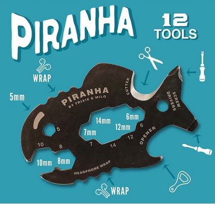The LuckyJack Piranha Multi-Tool 12-in-1 is a fish-shaped, black, wallet-sized multi-tool with stainless steel wrenches, cutter, screwdrivers, opener, headphone wrap, and more—clearly labeled and displayed on a blue background.