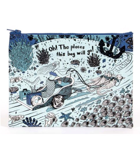 The Blue Q "Oh the places Zipper Pouch" is made from eco-friendly recycled material and features a mermaid on a scooter with luggage, surrounded by sea creatures. Playful text reads: "Oh! The places this bag will go!.