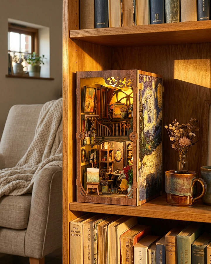 A cozy bookshelf displays the Hands Craft DIY Book Nook Kit: Golden Twilight Studio, a detailed artist’s loft with art, furniture, tiny plants, and touch-activated LED lights. A mug and vase with dried flowers sit nearby in the warm sunlight.