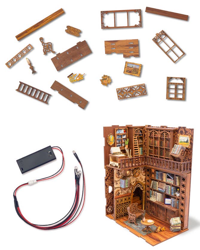 The Hands Craft DIY Book Nook Kit: Eternal Bookstore with Dust Cover features laser-cut wood pieces, window frames, a ladder, tiny books, gears, and an electronic battery pack—a unique literary gift for any bookshelf.