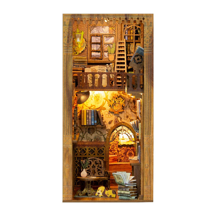 The Hands Craft DIY Book Nook Kit: Eternal Bookstore features wooden shelves, books, a spiral staircase, a table with a teacup, cozy lighting, and a decorative archway with dust cover—a perfect literary gift for any book lover or enthusiast.