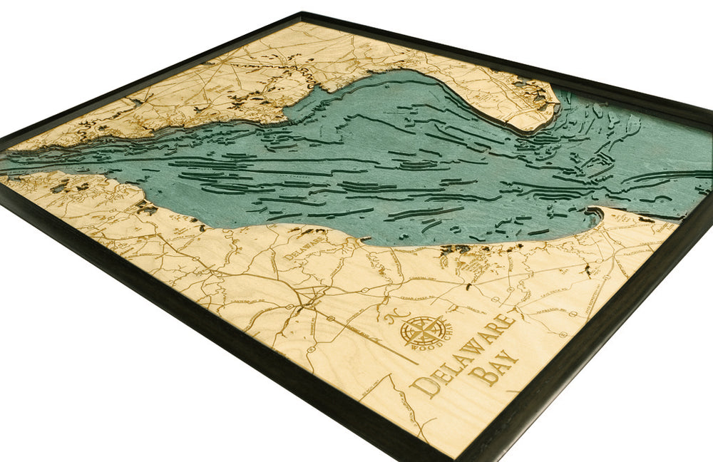 The WoodChart Deleware Bay 24.5 x 31 Black Frame is a framed wooden topographic map with engraved waterways, roads, and "Delaware Bay" in the lower right corner.