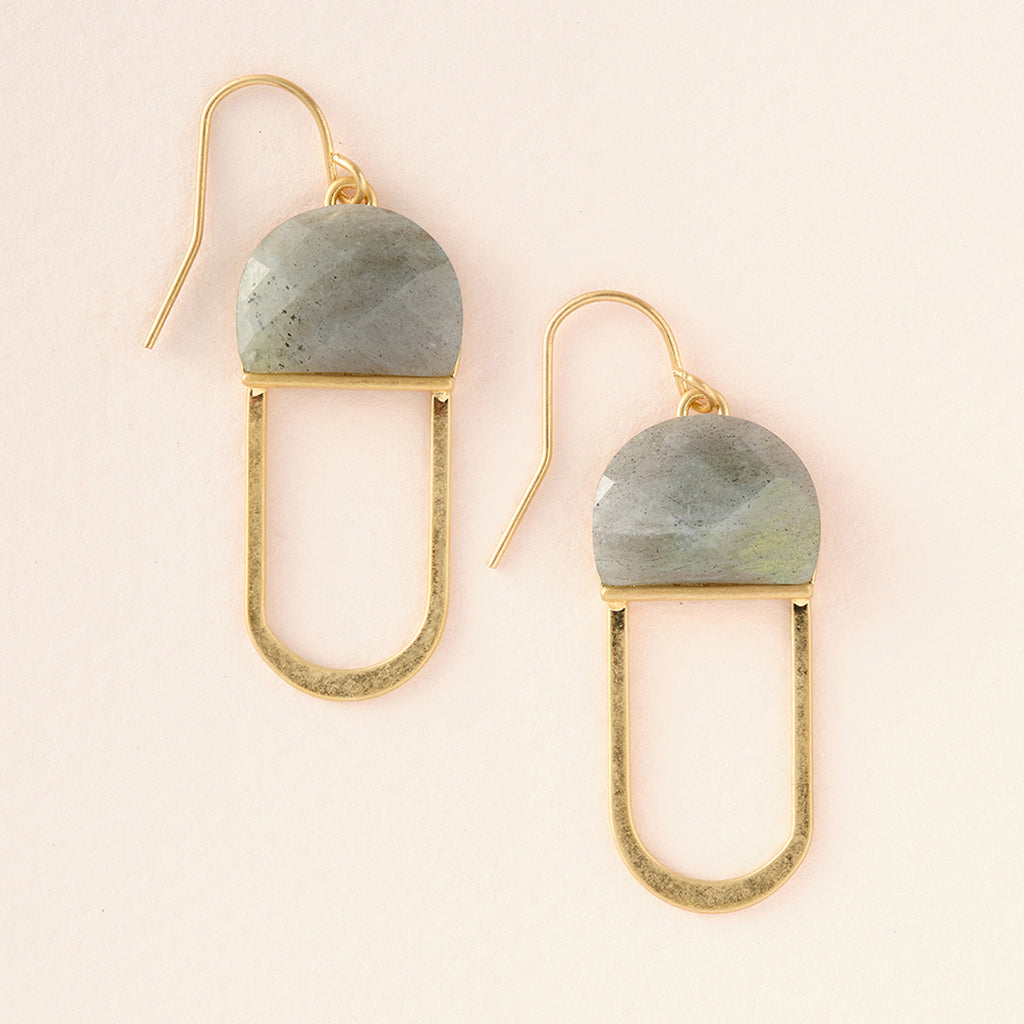 Explore the sophisticated "Modern Stone Earring Labradorite Gold" by Scout Jewelry, showcasing two elegant gold hook designs with captivating grey Labradorite stone tops, elegantly enhanced by elongated gold oval loops. These hypoallergenic earrings are perfect for any occasion, adding a touch of refinement to your ensemble.