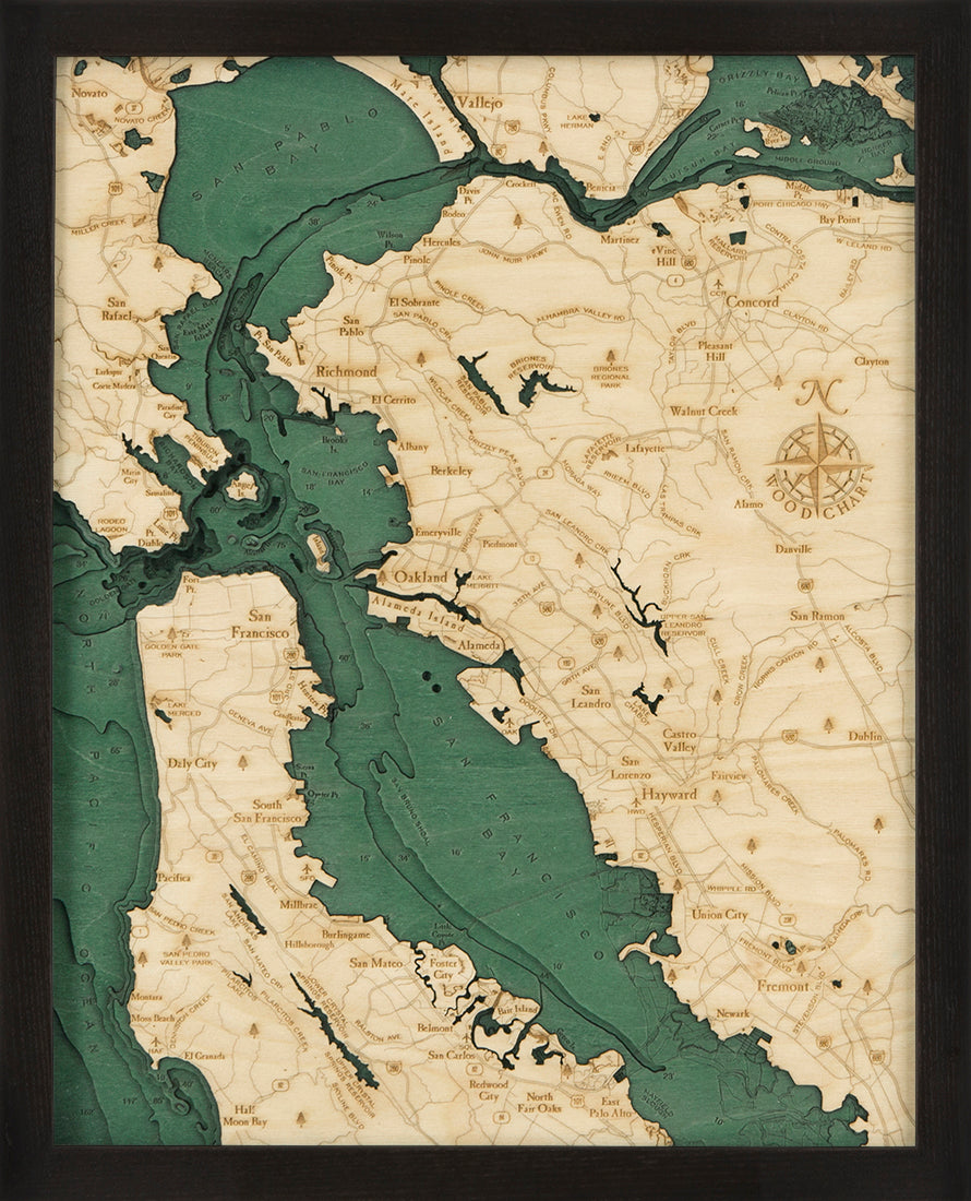 The WoodChart San Francisco Bay 16" x 20" Black Frame map beautifully showcases the region’s cities, waterways, roads, and a compass rose—all laser-cut and elegantly framed for a stunning nautical display.