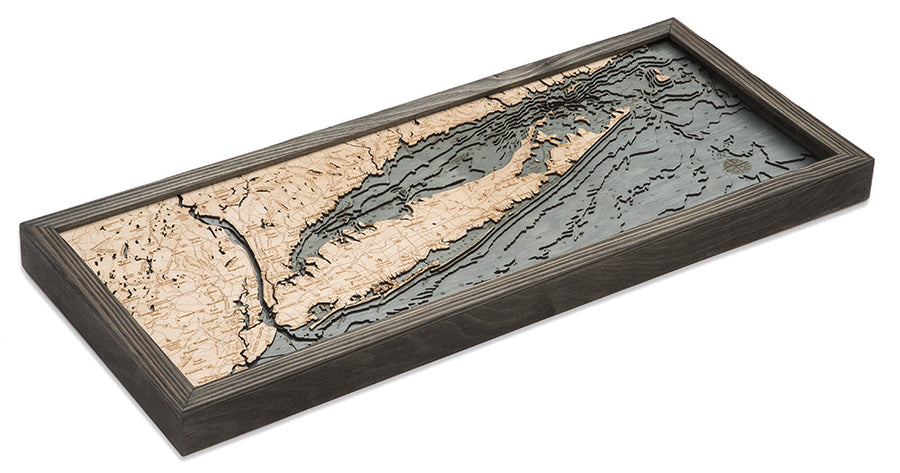 WoodChart’s Long Island Sound 13.5" x 31" Grey Frame is a rectangular, framed wooden map featuring detailed coastlines and elevation of Long Island and nearby New York and Connecticut, with blue water and light wood land tones.