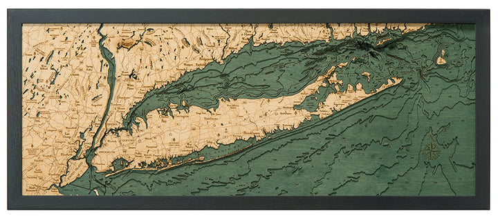 The WoodChart Long Island Sound 13.5" x 31" Black Frame is a framed 3D wooden map, featuring natural wood land tones and green etched water areas, highlighting Long Island’s topography and geography in detail.