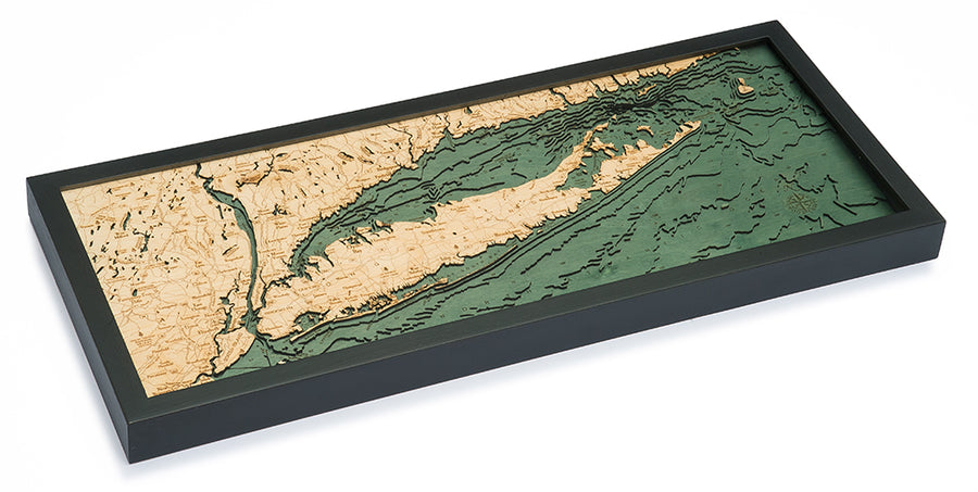 The WoodChart Long Island Sound 13.5" x 31" map features a framed, rectangular 3D wooden representation of Long Island and surrounding waters in green and beige, set in a black frame.
