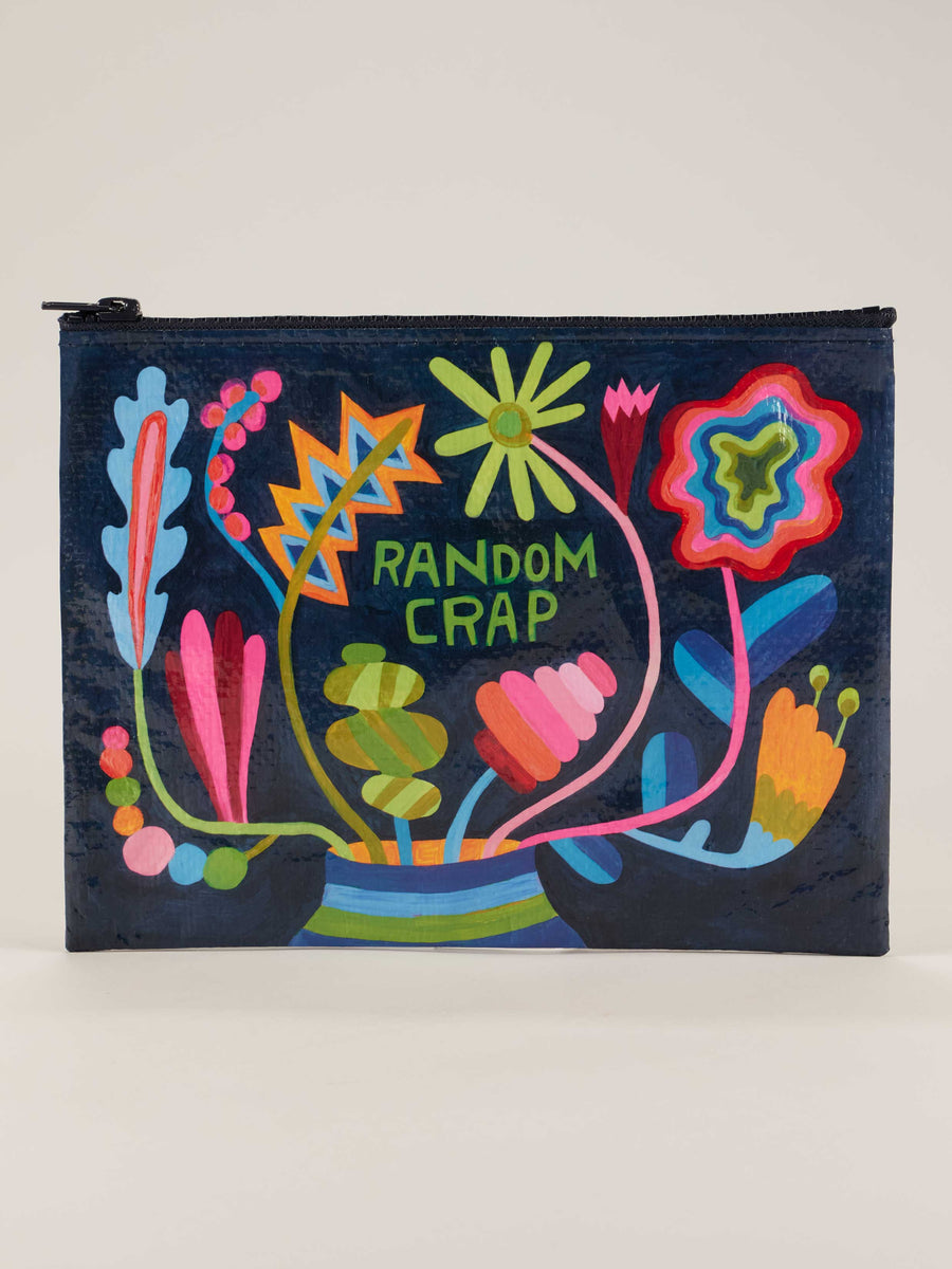 The Random Crap Zipper Pouch by Blue Q is expertly crafted from post-consumer recycled materials and showcases vibrant, abstract floral designs along with the whimsical phrase "Random Crap" centered on the pouch. Its dark background, inspired by vintage Chinese label art, enhances the vividness of the bright colors.