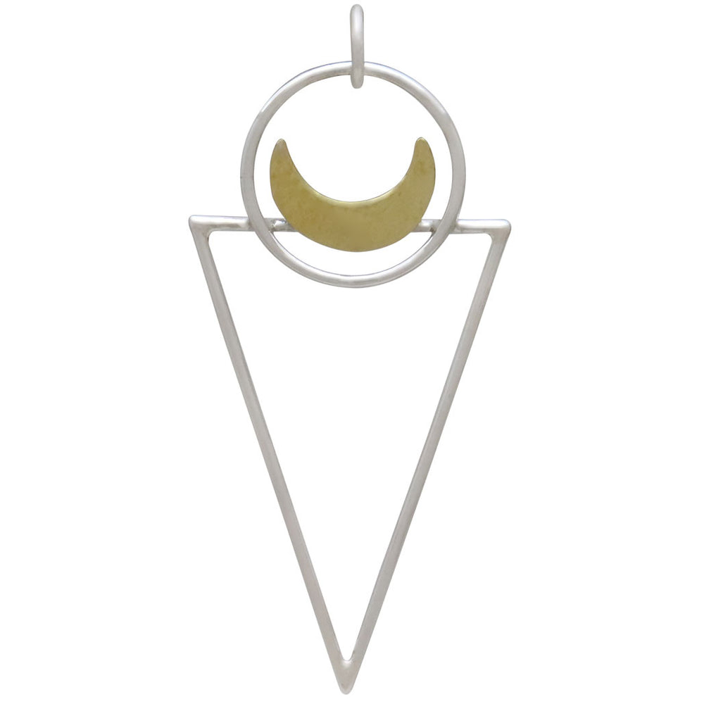 The Nina Designs Sterling Silver Triangle Pendant with Bronze Moon features a bronze crescent moon inside a silver circle, accented by a large silver triangle and a soldered jump ring for secure attachment.