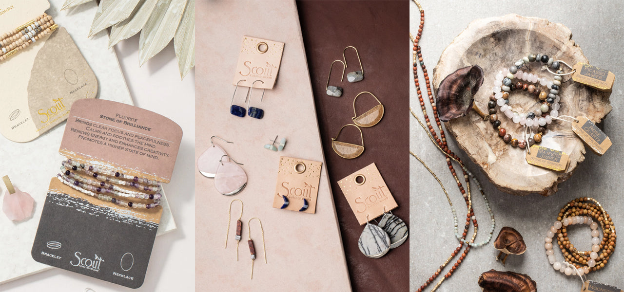 A collage of jewelry images featuring bracelets, earrings, and necklaces. The pieces include beads, stones, and metal accents, displayed on various textured surfaces. Packaging cards with the brand name are visible in the first two images.