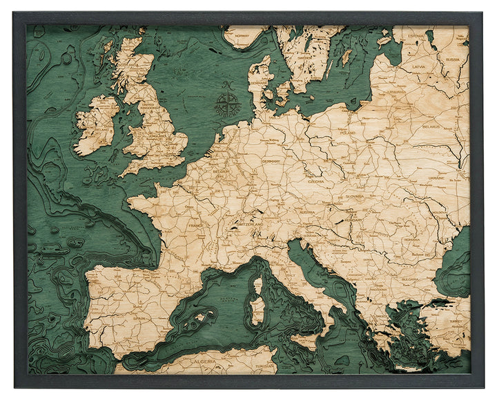 The WoodChart Western Europe Chart (24.5" x 31") features engraved countries, borders, prominent landforms, and country names in fine detail, green-painted water areas, and a decorative compass rose. Comes in a black frame.