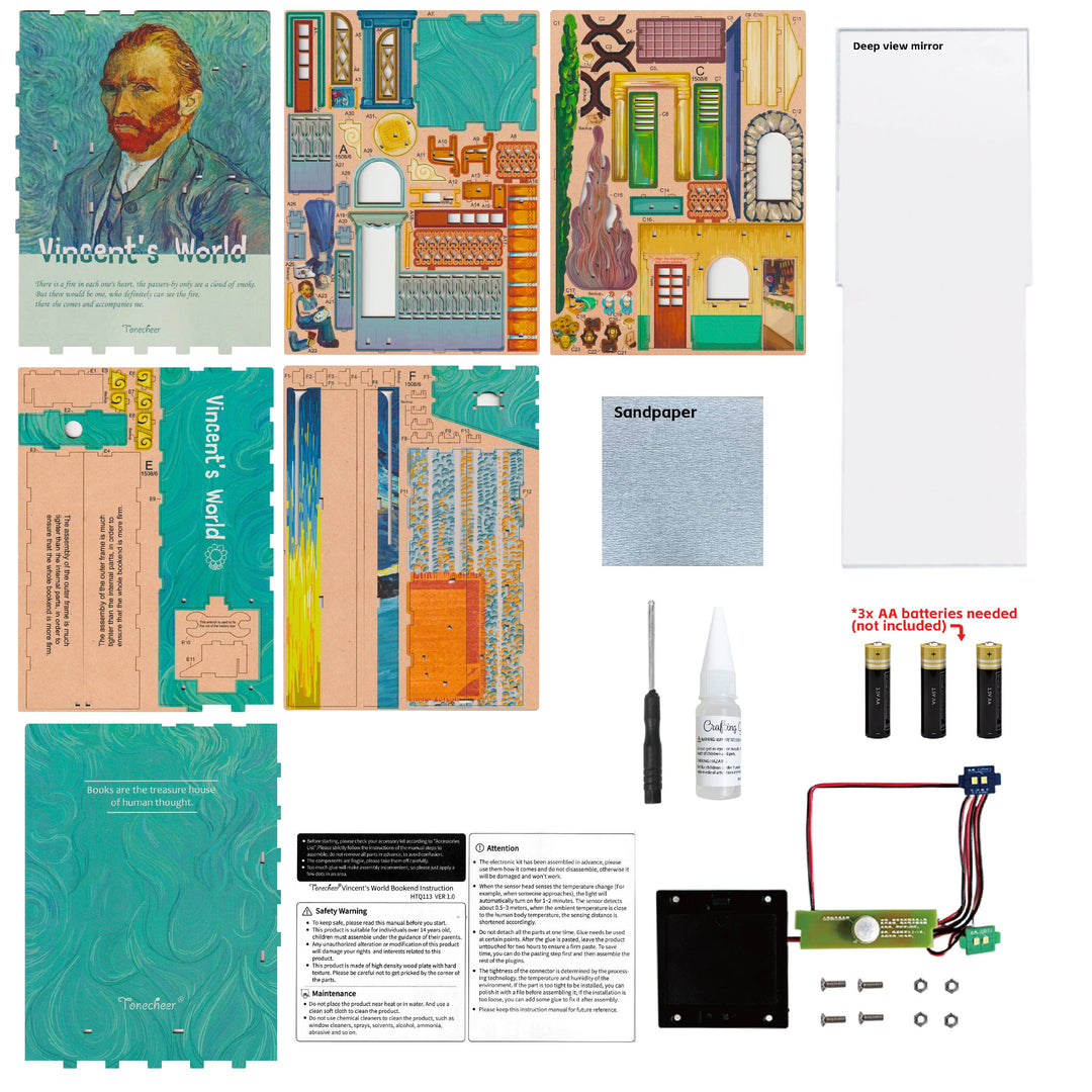 Flat lay of Hands Craft's DIY Book Nook Kit: Vincent's World, with vibrant wooden panels, mirror, sandpaper, glue, screwdriver, instructions, circuit board, battery holders, and screws for a unique bookshelf insert.