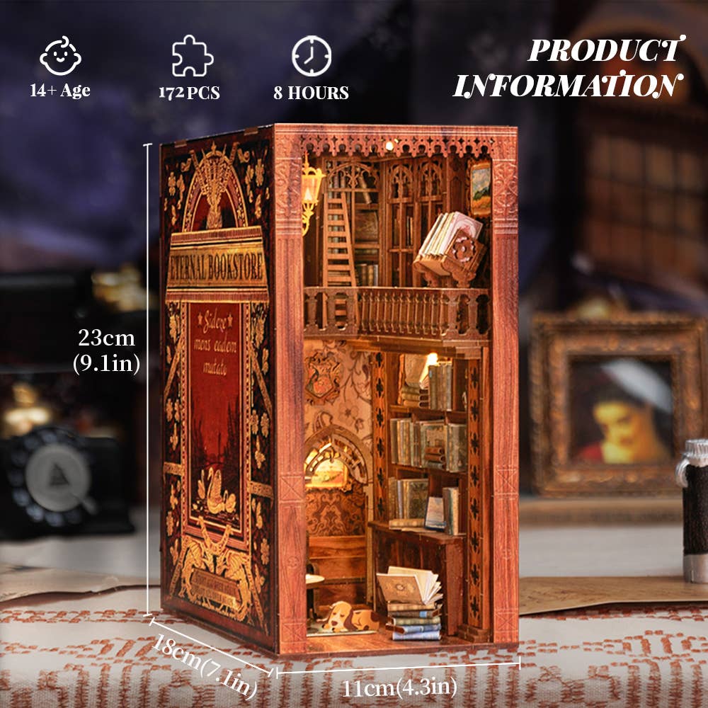 The Hands Craft DIY Book Nook Kit: Eternal Bookstore with Dust Cover features 172 pieces that assemble in 8 hours into a vintage bookstore with shelves, staircase, warm lighting, and a dust cover. Size: 23x18x11cm. Ideal for ages 14+.