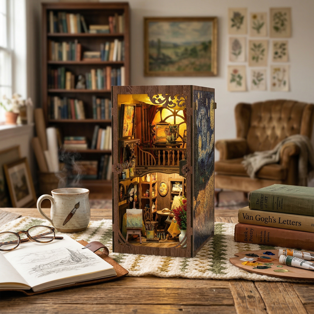 A cozy vintage study features the Hands Craft DIY Book Nook Kit: Golden Twilight Studio—a bookshelf insert with touch-activated LED lights—set among art supplies, sketches, and Van Gogh’s Letters beside a warm cup of tea.