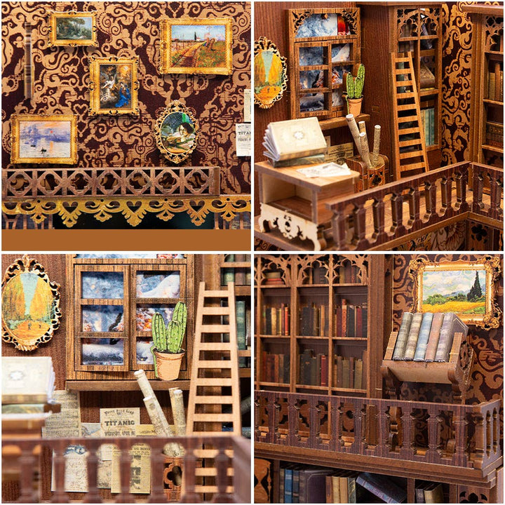 A collage of four close-ups showcases the Hands Craft DIY Book Nook Kit: Eternal Bookstore with Dust Cover, featuring ornate wallpaper, tiny art, bookshelves, ladders, small plants, and miniature books—a perfect literary gift for enthusiasts.