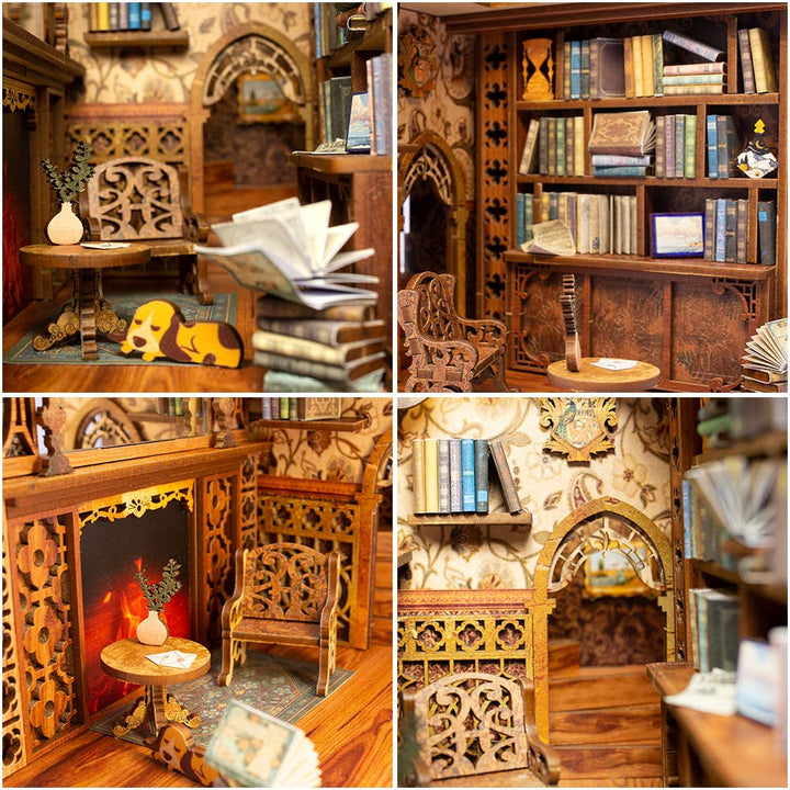 Four detailed close-up images of the Hands Craft DIY Book Nook Kit: Eternal Bookstore with Dust Cover show wooden furniture, bookshelves, tiny books, a lit fireplace, table with vase, and ornate wallpaper—an inspiring literary gift or project.