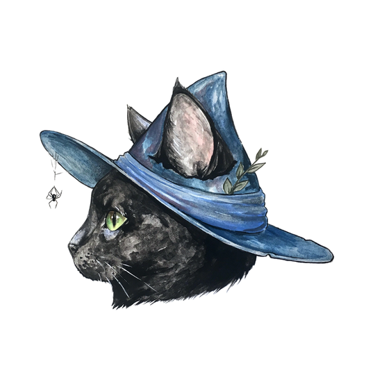 The "Witch Cat Sticker" by Big Moods illustrates a high-quality black cat wearing a blue witch hat adorned with a sprig of leaves in the hatband. The cat has green eyes, and a spider dangles from the brim of the hat. The background is white and features water-resistant detailing for added durability.