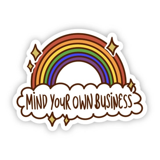 Introducing the Mind Your Own Business Rainbow Sticker by Big Moods! This hilarious sticker showcases a vibrant rainbow adorned with golden stars. Beneath the rainbow, a fluffy white cloud displays the cheeky text "Mind Ya Business" in a playful brown font. It's perfect for adding a touch of humor to your belongings!