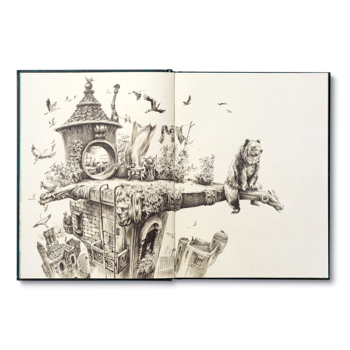 An open book from Compendium's The Storytellers Handbook unveils a magical scene: a bear on a whimsical castle-like ledge with towers and an archway, surrounded by birds crafting story prompts in a fantastical atmosphere.