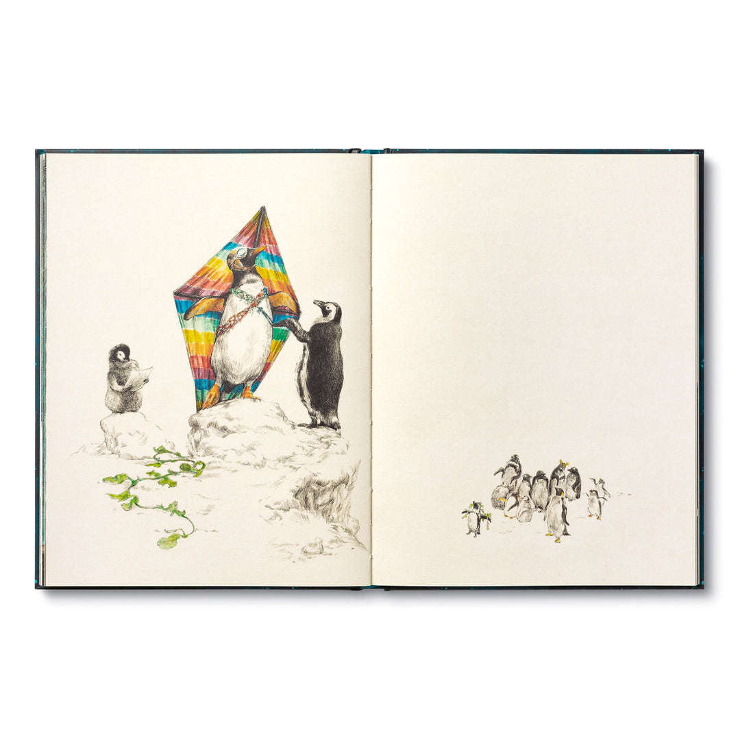 Compendium's "The Storytellers Handbook" features whimsical illustrations. On the left page, a penguin flies a colorful kite while another looks on; the right showcases a group navigating snowy landscapes, sparking imaginative story prompts for curious minds.