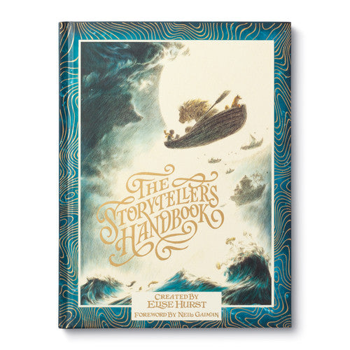 The Storytellers Handbook by Compendium, with magical illustrations by Elise Hurst, depicts a person in a small boat flying above stormy seas and birds, surrounded by a vintage-style ornate border. This enchanting cover invites you into a world rich with story prompts.