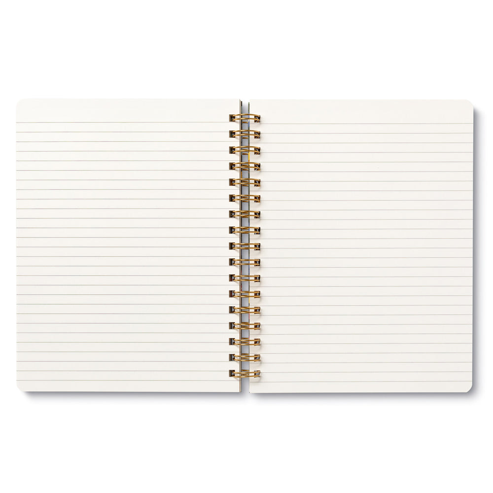 The "You are here It is time" Spiral Notebook by Compendium features a flat-open design with college-ruled light cream-colored pages, ideal for writing or bullet journaling. Its elegant metallic spiral binding seamlessly joins the pages in the center.