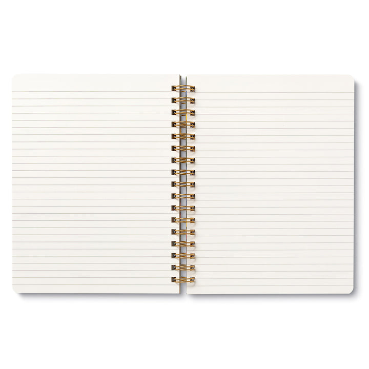 The "You are here It is time" Spiral Notebook by Compendium features a flat-open design with college-ruled light cream-colored pages, ideal for writing or bullet journaling. Its elegant metallic spiral binding seamlessly joins the pages in the center.