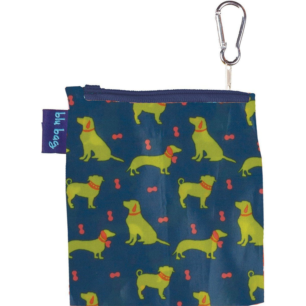 The Dog Pack Reusable Bag by zzzRockFlowerPaper is a fabric pouch adorned with a lively pattern of lime green dogs wearing red collars and small red bones set against a navy blue background. Equipped with a convenient carabiner clip, it boasts a purple label with the text "Dog Pack Blu Bag" in white, combining style with eco-friendliness.