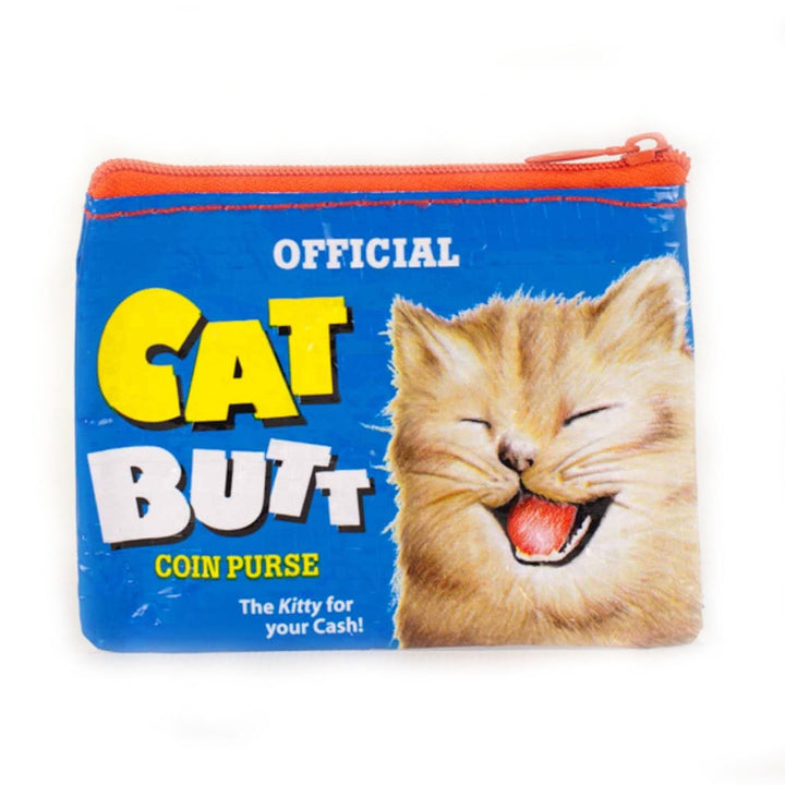 The Blue Q Cat Butt Coin Purse is a small, blue purse made from recycled material, featuring an orange zipper. It displays the text "OFFICIAL CAT BUTT COIN PURSE" and "The Kitty for your Cash!" along with an image of a happy, fluffy orange cat with its eyes closed and mouth open in joy. The coin purse measures 3" high by 4" wide.