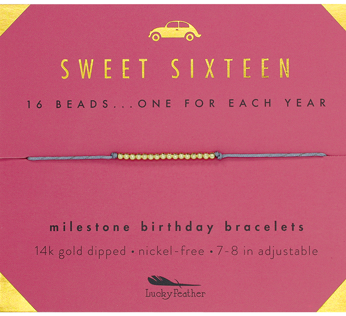 A 16th Birthday bracelet from LuckyFeather, featuring 16 gold-dipped beads on a string, each symbolizing a year. The packaging is pink with an illustration of a small car and text reading "milestone birthday bracelets, 14k gold dipped beads, nickel-free, 7-8 in adjustable." Perfect milestone gift!