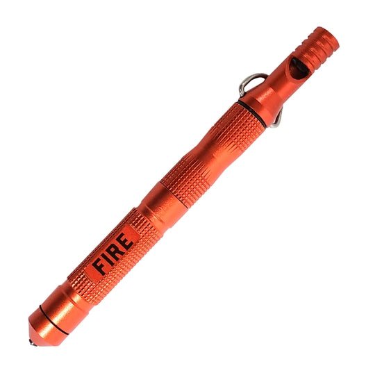 The TrixienMilo Pocket Fire Starter Tool is a versatile survival gadget that comes in a vibrant orange color and features the word "FIRE" printed on it. Ideal for camping and hiking, this tool includes a whistle, a pocket fire starter, and a textured grip for easy handling. It also boasts a metal loop for attachment and has a pointed end, which is likely designed for breaking glass.