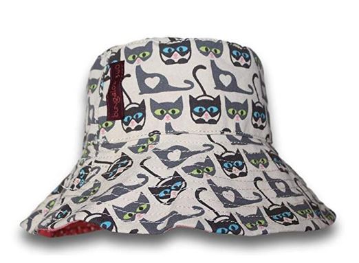 The "Beach Hat Cat" by Bungalow 360 is a packable white bucket hat, adorned with a charming pattern of grey, blue, and green cats wearing glasses. The cats are depicted in various playful poses, some even featuring heart-shaped patches on their bodies. This unique design makes it perfect for any adventure.