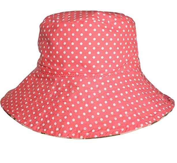 The "Beach Hat Pig" by Bungalow 360 is a pink, packable bucket hat adorned with charming white polka dots and distinctive patterns. It features a wide, slightly flared brim and a rounded crown.