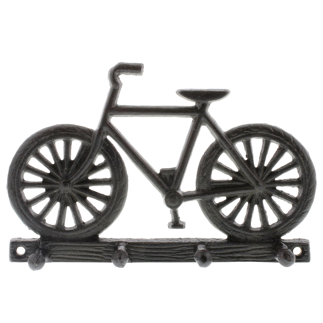 The HomArt Bicycle Wall Hook in cast iron, featuring their signature black finish, showcases a metal bicycle silhouette and offers four hooks for organizing your gear after a bike ride. Its classic design includes detailed wheels and a simple frame, ensuring durability with its iron structure.