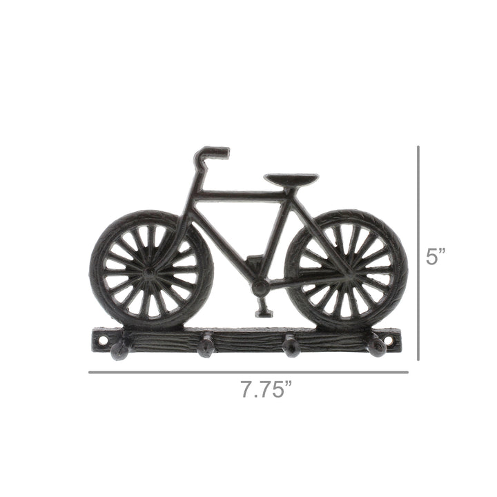 The HomArt Bicycle Wall Hook - Cast Iron - Black is a vintage bicycle-shaped decorative piece measuring 7.75 inches wide and 5 inches tall. With its spoke wheels and multiple hooks beneath the frame, this wall hook adds rustic charm to any beach cottage or other space.