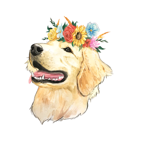 Illustrated image of a Labrador Retriever wearing a colorful flower crown, showcasing sunflowers, roses, and other assorted blooms. The high-quality Flower Crown Lab Sticker from Big Moods features the dog with its mouth open, appearing to smile cheerfully, making it perfect for weather-resistant outdoor decor.