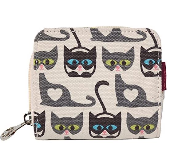 The Bill Fold Wallet Cat by Bungalow 360 is a small wallet crafted from natural, durable cotton canvas. It features a charming pattern of cartoon gray cats with green and blue eyes, some adorned with heart-shaped markings on their sides, set against a light beige background. Made entirely vegan, this wallet includes a zipper closure with a metallic zipper pull.