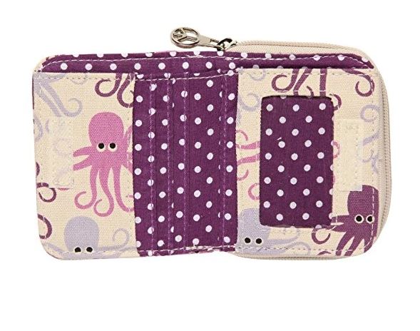 The Bill Fold Wallet Octopus by Bungalow 360 is a fabric wallet made from vegan cotton canvas, showcasing distinctive purple and pink octopus patterns on a cream background. It features a zippered closure and includes a card section with purple polka dots, along with a transparent ID slot on the right side.