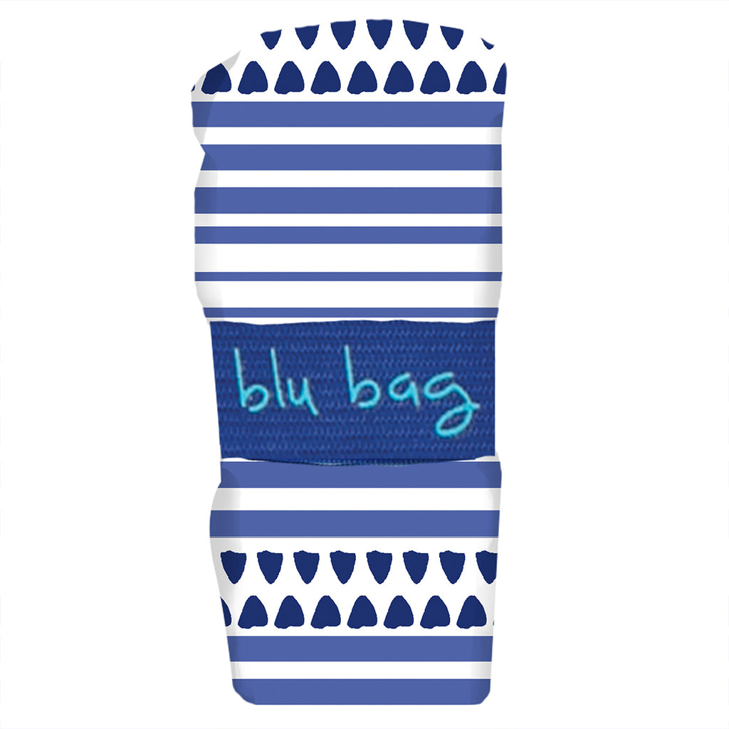 A folded Bethany Reusable Bag by zzzRockFlowerPaper, showcasing blue and white stripes with navy heart patterns. It is secured with an eco-friendly blue band featuring the text "blu bag" in light blue.