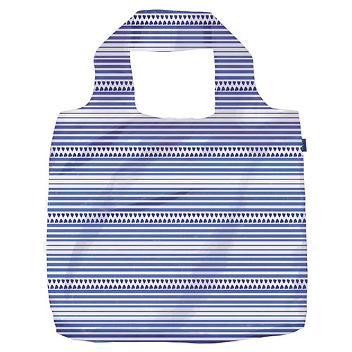 Introducing the Bethany Reusable Bag by zzzRockFlowerPaper, an eco-friendly tote that showcases a geometric pattern with horizontal blue and white stripes paired with rows of triangular shapes. This reusable shopping bag features a rectangular design and sturdy handles, ideal for your everyday needs.