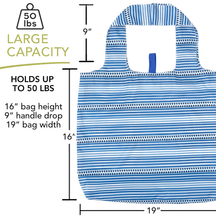 The Bethany Reusable Bag by zzzRockFlowerPaper is displayed in a blue and white striped design. This eco-friendly bag measures 16 inches in height and 19 inches in width, with a handle drop of 9 inches. It can hold up to 50 pounds, as shown in diagrams highlighting its large capacity, making it perfect for sustainable shopping adventures.