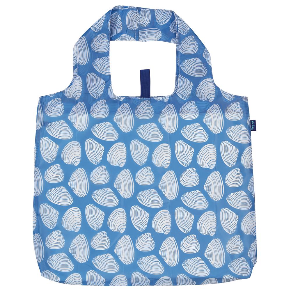 Introducing the Clamshells Reusable Bag by zzzRockFlowerPaper, an eco-friendly blue shopping bag adorned with a pattern of white clamshell designs. It features square handles and a rectangular shape, seamlessly blending style and practicality for everyday use.