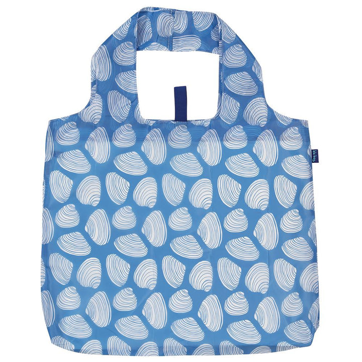 Introducing the Clamshells Reusable Bag by zzzRockFlowerPaper, an eco-friendly blue shopping bag adorned with a pattern of white clamshell designs. It features square handles and a rectangular shape, seamlessly blending style and practicality for everyday use.