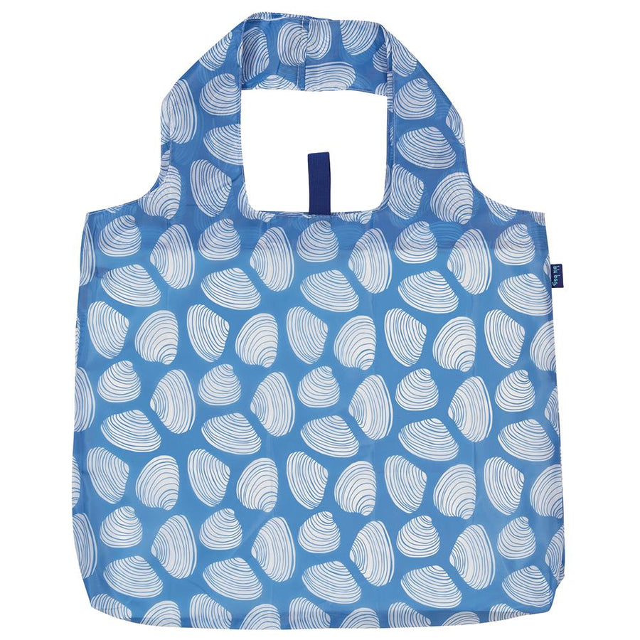 Introducing the Clamshells Reusable Bag by zzzRockFlowerPaper, an eco-friendly blue shopping bag adorned with a pattern of white clamshell designs. It features square handles and a rectangular shape, seamlessly blending style and practicality for everyday use.