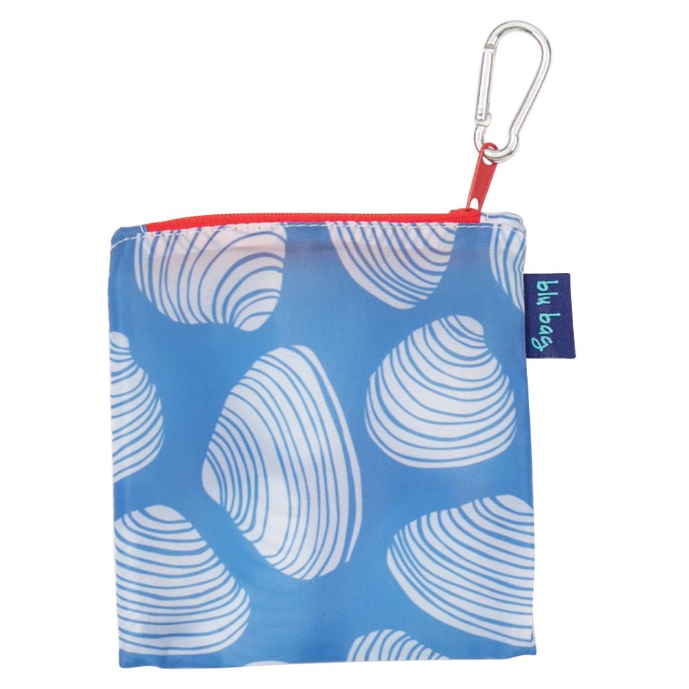 A small, square, eco-friendly Clamshells Reusable Bag by zzzRockFlowerPaper showcases a blue background adorned with a white clamshell pattern. It includes a red zipper and a metal clip at the top corner. A charming small tag displaying "b.lu bag" is visible on the side, enhancing this stylish design.