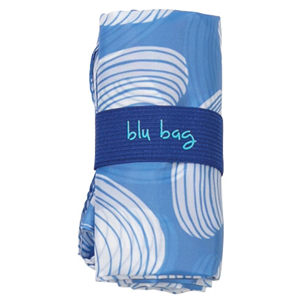 A neatly rolled Clamshells Reusable Bag with a blue and white abstract pattern is secured with a blue elastic band labeled "blu bag." This eco-friendly reusable shopping bag by zzzRockFlowerPaper is perfect for your everyday needs.