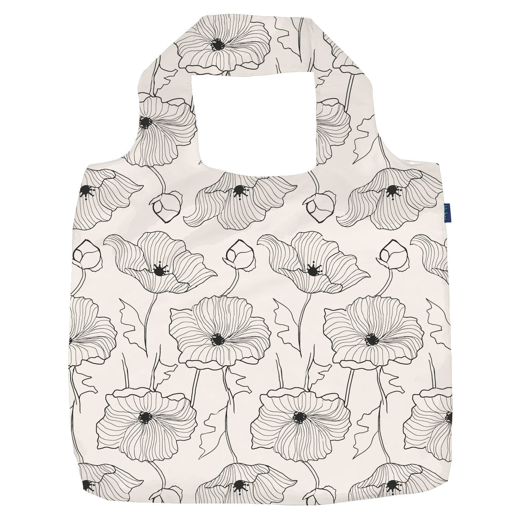 The Poppy Reusable Bag by zzzRockFlowerPaper is a white shopping bag adorned with a stylish line drawing of large, abstract black poppy flowers and leaves.